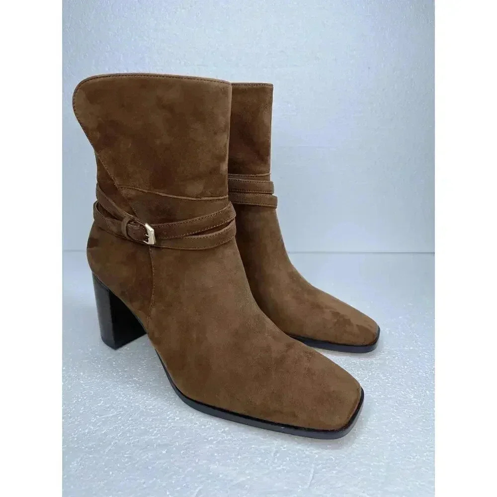 Ann Taylor Wraparound Buckle High Block Heel Suede Boots size 6 New Dark Maple - Picture 3 of 11
